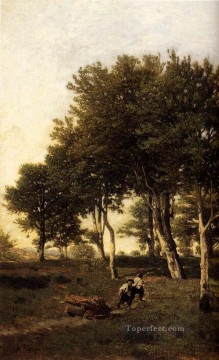 Henri Harpigniés Painting - Paisaje con dos niños cargando leña Barbizon Henri Joseph Harpignies
